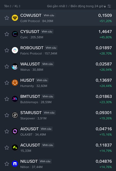 A Vietnamese crypto market list showing perpetual pairs including COWUSDT (+51.20%), CYSUSDT (+45.80%), ROBOUSDT (+28.70%), WALUSDT (+26.94%), HUSDT (+24.44%), BMTUSDT (+23.30%), STARUSDT (+19.26%), AIOUSDT (+15.16%), ACUUSDT (+14.79%), and NILUSDT (+14.76%).