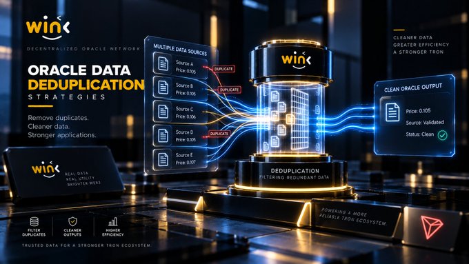 A promotional graphic for 'wink' titled 'ORACLE DATA DEDUPLICATION STRATEGIES' illustrates a decentralized network processing multiple data sources, labeling duplicates to produce clean data with greater efficiency.