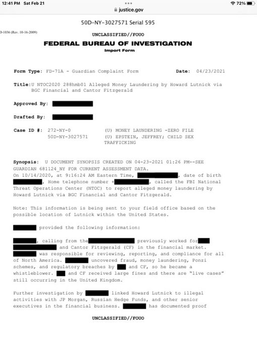 A screenshot of a Federal Bureau of Investigation Import Form (FD-71A) dated 04/23/2021, detailing a Guardian Complaint about alleged money laundering by Howard Lutnick via BGC Financial and Cantor Fitzgerald.