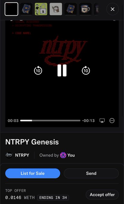 A screenshot of a digital NFT marketplace interface displaying an item titled "NTRPY Genesis" with a top offer of 0.0146 WETH ending in 3H.