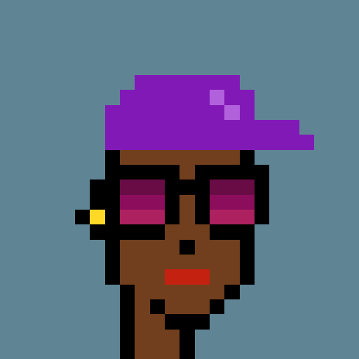 A pixel art portrait of a character with dark skin, a purple cap, and pink sunglasses against a solid blue background, resembling a Cryptopunk style.