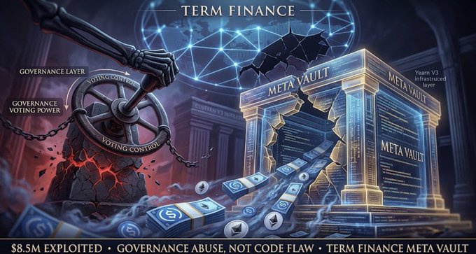 A dramatic illustration depicts the Term Finance exploit, showing a skeletal hand controlling a "Governance Voting Power" wheel chained to a crumbling "Meta Vault" on the "Yearn V3" infrastructure layer, with funds flowing out of the broken vault. The image visually represents the $8.5M loss from governance abuse, where the attacker drained 2,843 ETH and 1.68M USDC (~68% of the vault) by seizing voting control rather than exploiting a code flaw, as highlighted in the bottom banner: "$8.5M EXPLOITED · GOVERNANCE ABUSE, NOT CODE FLAW · TERM FINANCE META VAULT."
