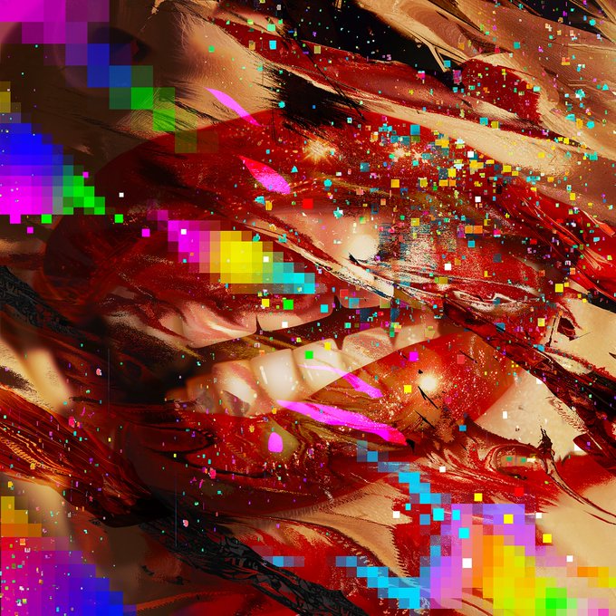 A close-up of red, glossy lips with visible teeth and dripping saliva is overlaid with colorful pixelated confetti, visually evoking the chaotic, glossy aesthetic associated with the "Venom" character referenced in the caption.