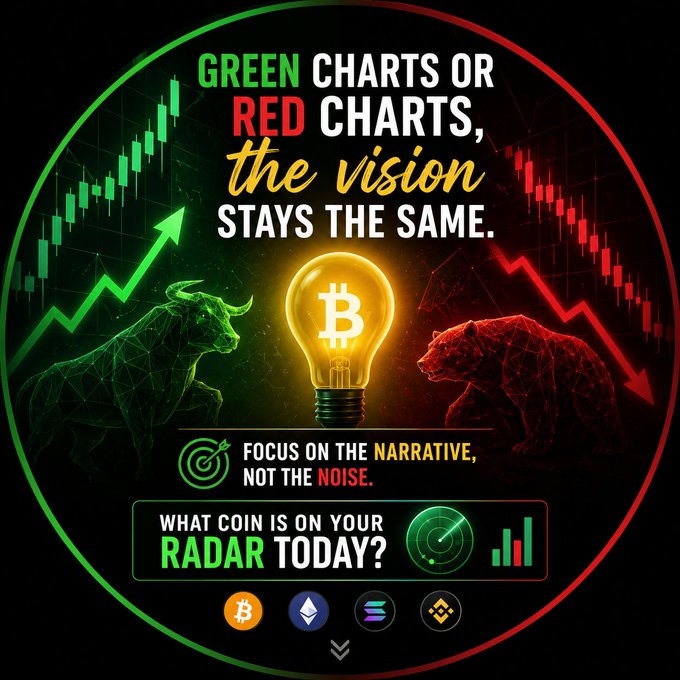 A crypto-themed graphic with the text 'GREEN CHARTS OR RED CHARTS, the vision STAYS THE SAME. FOCUS ON THE NARRATIVE, NOT THE NOISE. WHAT COIN IS ON YOUR RADAR TODAY?' featuring a Bitcoin lightbulb, green bull, red bear, and logos for Bitcoin, Ethereum, Solana, and BNB.