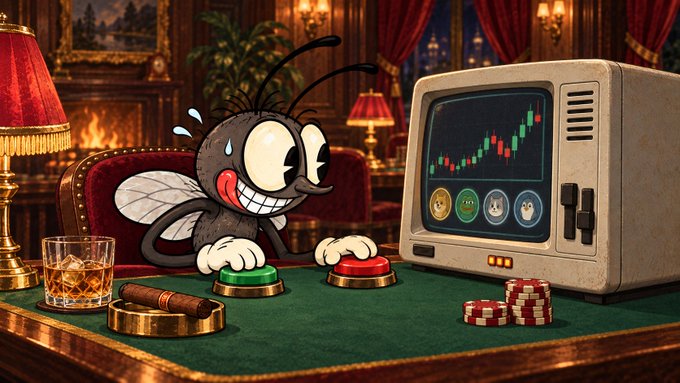 A cartoon illustration of a grinning, sweating fly character pressing buttons at a casino table, with a vintage monitor displaying a rising stock chart and meme-style animal icons.