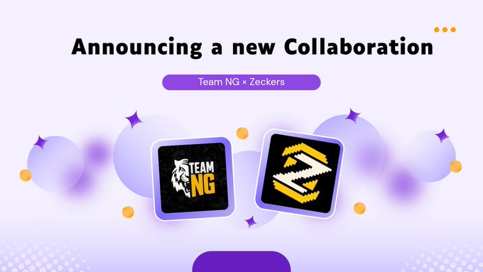 A promotional graphic announcing a new collaboration between Team NG and Zeckers, featuring both team logos on a purple background.