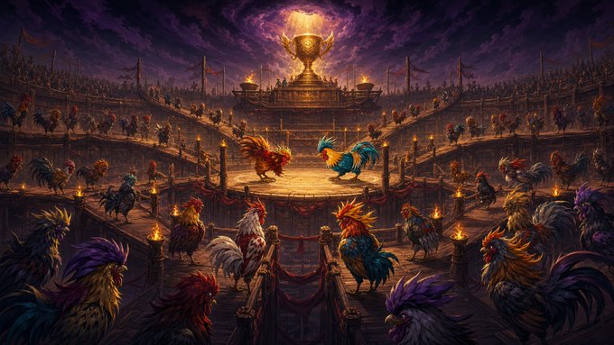 An illustrated arena depicts a dramatic rooster battle, with two roosters facing off in a central ring under a glowing trophy while crowds watch.