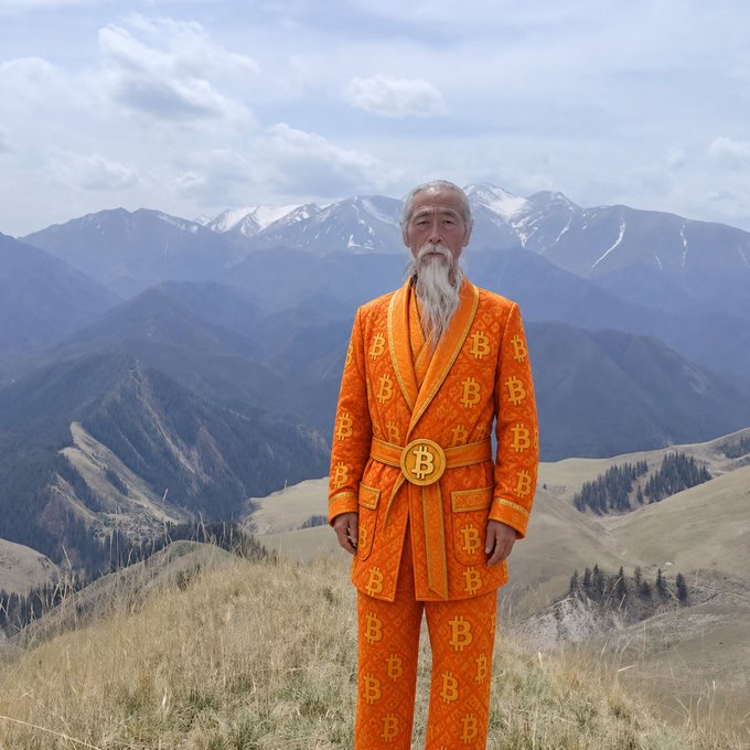 An elderly man with a long white beard stands in a mountainous landscape wearing a bright orange suit patterned with Bitcoin logos, cinched with a belt featuring a large Bitcoin emblem.