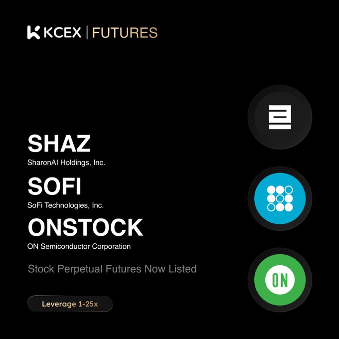 A KCEX Futures promotional graphic announcing the listing of three new Stock USDT-M Perpetual Futures: $SHAZ (SharonAI Holdings, Inc.), $SOFI (SoFi Technologies, Inc.), and $ONSTOCK (ON Semiconductor Corporation), with leverage of 1-25x available.