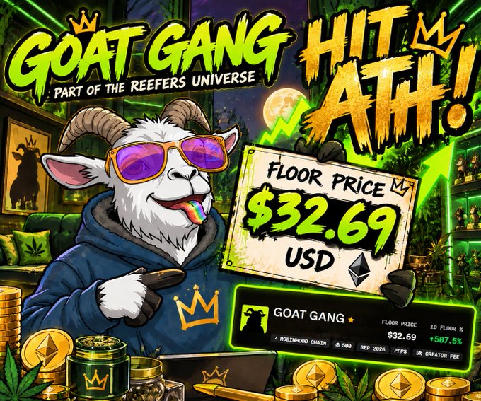 A promotional graphic for 'GOAT GANG HIT ATH!' featuring a cartoon goat wearing sunglasses and a hoodie, highlighting a floor price of $32.69 USD.