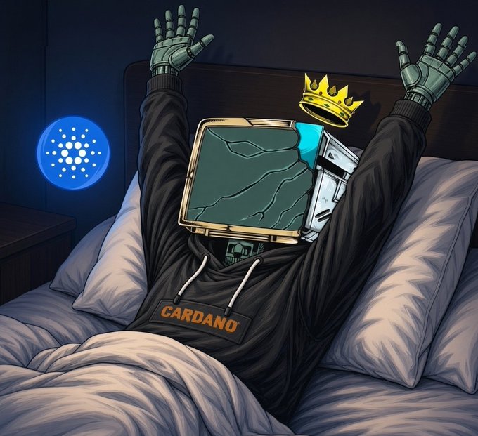 Digital artwork of a robot with a monitor for a head lying in bed wearing a black 'CARDANO' hoodie, with the Cardano (ADA) logo glowing on the nightstand and a crown above its head.