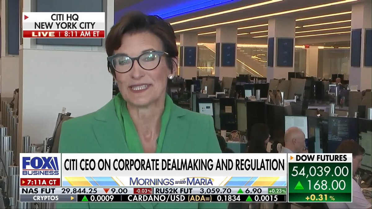 Screenshot from FOX Business 'Mornings with Maria' featuring Citi CEO Jane Fraser at Citi HQ in New York City, with market tickers showing DOW FUTURES at 54,039.00.