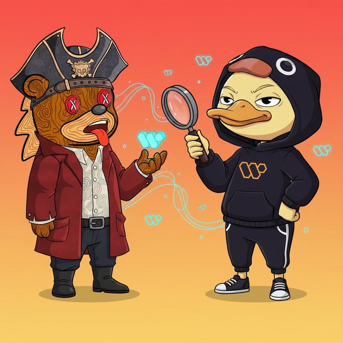 The image features two cartoon characters, a bear wearing a pirate hat and holding a magnifying glass, and another character dressed in black with a hoodie and sneakers. The bear appears to be examining something while the other character looks on. The background is orange, which contrasts with the brown fur of the bear and adds visual interest to the scene.