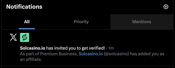 A screenshot of a Twitter/X notifications page shows a message from Solcasino.io inviting the user to get verified as part of their Premium Business affiliate program, with tabs for "All," "Priority," and "Mentions" visible. This relates to the post "who needs a badge?" as it highlights an unsolicited verification offer from a cryptocurrency casino platform.