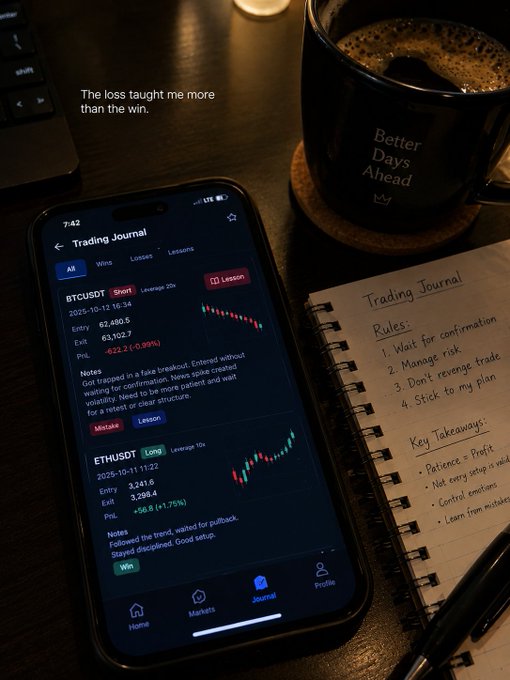 A desk scene showing a smartphone displaying a crypto trading journal app with BTCUSDT and ETHUSDT entries (a loss and a win respectively), alongside a handwritten notebook and a black mug reading "Better Days Ahead."