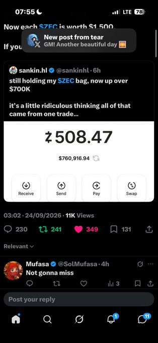Twitter/X screenshot showing a post about holding $ZEC up over $700K with a wallet balance of $508.47 and total $760,916.94, dated 24/09/2026.