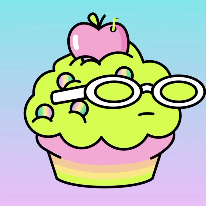 A cartoon illustration of a green apple-topped cupcake character wearing glasses, with a small cherry wearing a bow on top, set against a pastel gradient background.