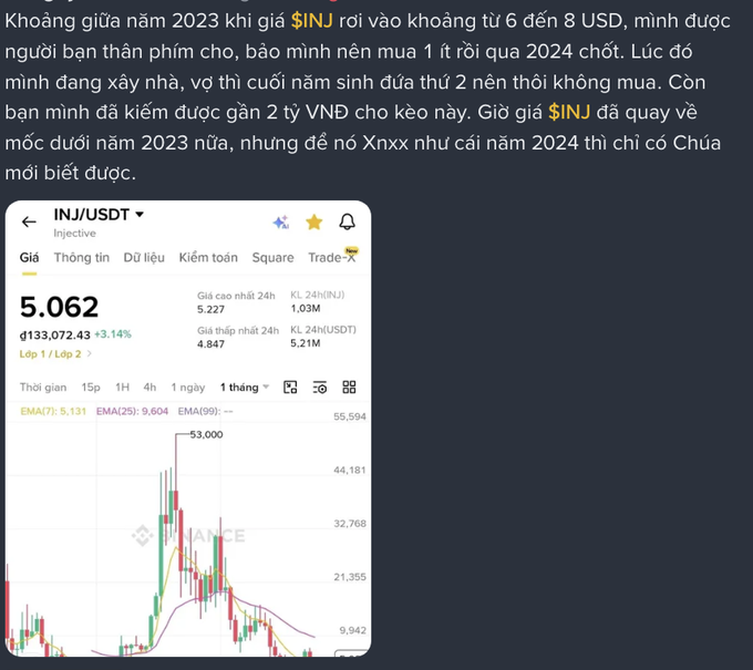A Vietnamese-language post discussing the cryptocurrency $INJ, showing a Binance chart of INJ/USDT at 5.062 USDT with a historical peak around 53.000.