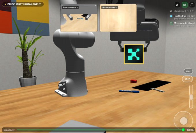 A screenshot of a robot simulation interface with arm camera views, checkpoint controls, and instructions to 'Hold & drag the arm' to move objects on a wooden table with a plant in the background.