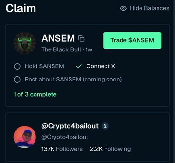 The image shows a "Claim" section for the ANSEM token (The Black Bull · 1w) on Bullpen, where 1 of 3 tasks is complete after linking the X account, and it displays the referrer @Crypto4bailout with 137K followers. The accompanying post provides step-by-step instructions on how to position for the ANSEM airdrop via Bullpen, matching the interface shown by guiding users to register, select the ANSEM token, and link their X account.