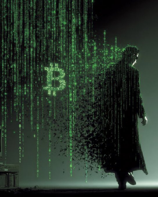 A Matrix-style digital art image featuring a hooded figure in a long coat dissolving into green digital code rain, with a glowing Bitcoin logo visible in the background.