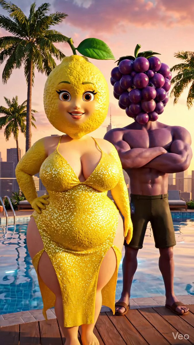 The image features a man and woman dressed up as fruits, with the woman wearing a yellow dress and the man wearing a purple grape headpiece. They are standing next to each other by a pool of water, which adds an interesting visual element to their costumes. The caption for this image reads: "Discovering Real World Assets has brought fresh stability and efficiency to DeFi strategies like SPYon and NVDAon @TermMaxFi".