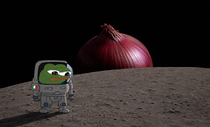 An illustration of Pepe the Frog dressed as an astronaut on the moon's surface, with a large red onion visible behind him against the blackness of space.