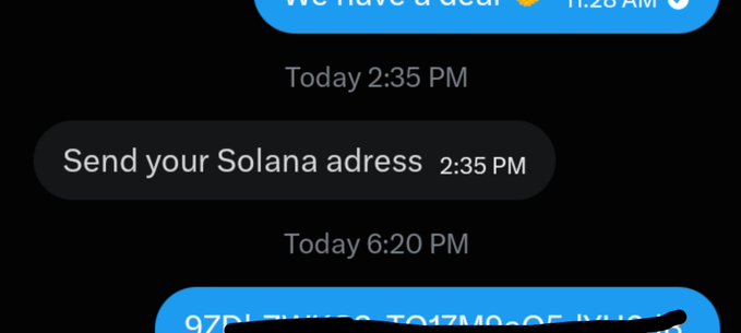 A text message conversation shows someone replying "Send your Solana address" at 2:35 PM, followed by the sender sharing their Solana wallet address (97D...) at 6:20 PM, which prompted the celebratory post about receiving two paychecks and offering dinner for 10 people.