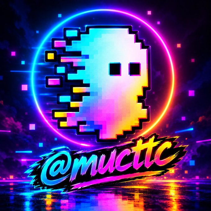 A neon, glitch-art style graphic features a pixelated smiling face inside a glowing pink circle above the text '@mucttc' in colorful, paint-splattered lettering.