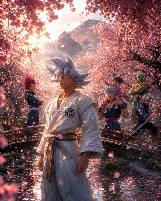 A 3D-rendered or AI-generated image featuring Dragon Ball characters, including Goku in the foreground wearing a gi with the kanji "悟", surrounded by other characters like Vegeta, Gohan, and Piccolo in a setting with cherry blossom trees and a mountain.