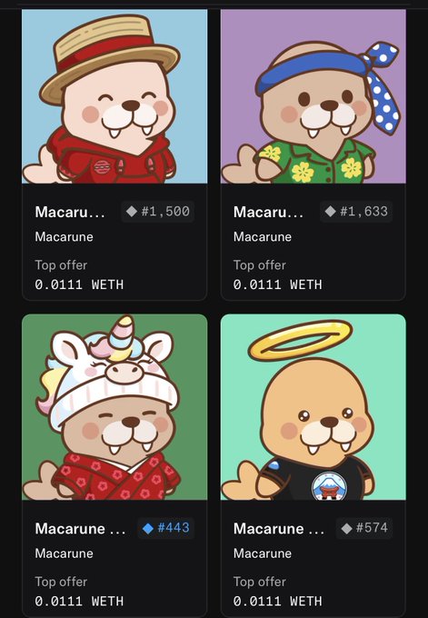 NFT marketplace listing displaying four Macarune character collectibles (otter mascots in various outfits) priced at 0.0111 WETH each, with editions #1500, #1633, #443, and #574.