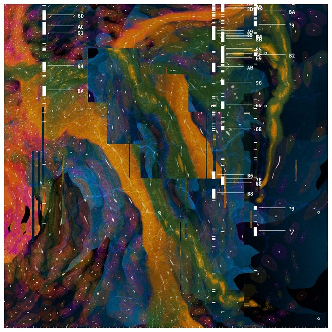 A vibrant, abstract digital artwork featuring swirling, fluid-like patterns in vivid hues of orange, blue, green, and purple, overlaid with technical-looking annotations and alphanumeric labels like "A0," "B2," "77," "98," "68," and "AB," resembling a fragmented genomic or data visualization map. The piece's glitchy, data-driven aesthetic complements the post's reference to "Digital Remains," suggesting it is part of a digital art collection on platforms like verse.works, objkt.com, or akaSwap.