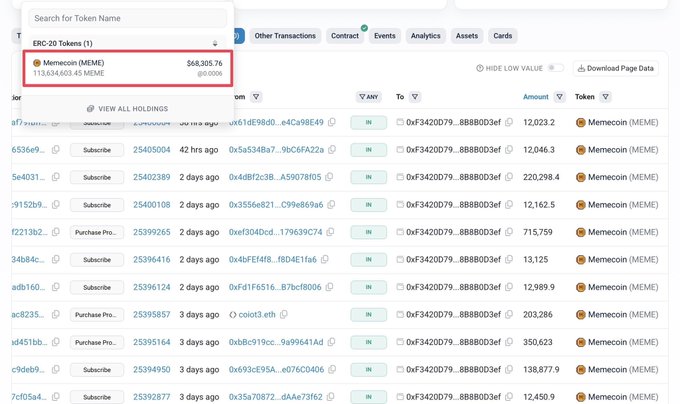 A blockchain analytics dashboard displays a token search filter for "ERC-20 Tokens (1)" showing Memecoin (MEME) with a supply of 113,634,603.45 and a value of $68,305.76, alongside a transaction list of various transfers of MEME tokens to the same recipient address, visually supporting the post's claim about over 113M MEME tokens being sent to @AceTrader.