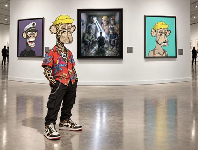 A figure wearing a Bored Ape mask, leopard-print shirt, yellow hardhat, and Jordan sneakers poses in front of three displayed artworks in a gallery space. The setup illustrates the post's theme of collecting Bored Ape NFTs with a museum-quality presentation, particularly highlighting an ape featured in a Beeple piece as part of the collector's curated display.