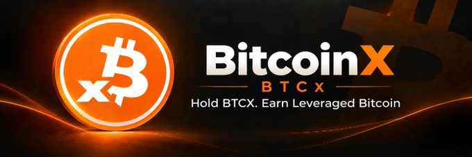 Promotional banner for 'BitcoinX (BTCX)' with an orange Bitcoin logo and the tagline 'Hold BTCX. Earn Leveraged Bitcoin.'