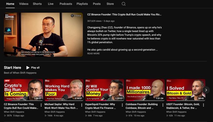 A YouTube channel page featuring crypto-related content with the featured video titled 'CZ Binance Founder: This Crypto Bull Run Could Make You Rich...' with 307,629 views from 5 days ago.
