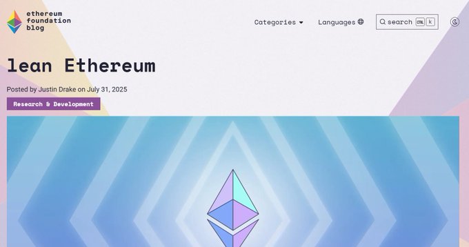 The Ethereum Foundation Blog post titled 'lean Ethereum' by Justin Drake posted on July 31, 2025, tagged as Research & Development, featuring the Ethereum logo with its distinctive geometric design.