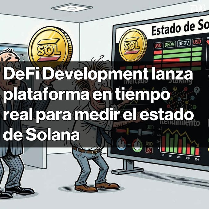 A cartoon illustration showing two men looking at a large screen displaying Solana (SOL) coin and financial data, with Spanish text reading 'DeFi Development lanza plataforma en tiempo real para medir el estado de Solana'.