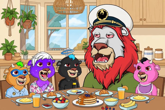 A colorful cartoon illustration of a lion, bear, panther, and other animal characters gathered around a breakfast table with pancakes, eggs, and fruit.