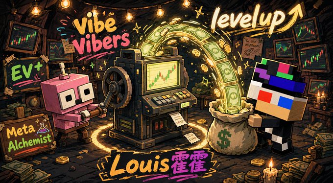 A cartoon-style promotional banner features a pink robot operating a slot machine labeled "levelup," surrounded by money bags, glowing coins, and stock charts, with text overlays reading "Vibe Vibers," "Meta Alchemist," "EV+," and "Louis." The vibrant pixel-art scene visually represents the NFT 2.0 sustainable mechanism described in the post, highlighting the project's level-up system and earning potential.