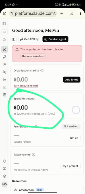 A screenshot of the platform.claude.com dashboard for user Melvin displays a circled 'Spend this month' section showing $0.00, along with an alert that the organization has been disabled.