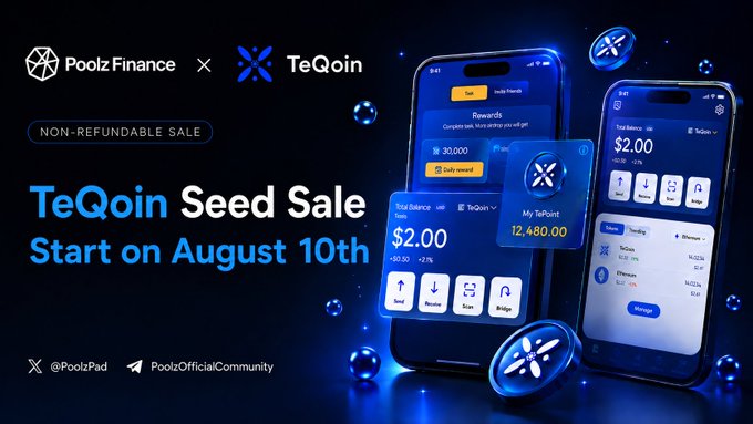 Promotional graphic announcing the TeQoin Seed Sale on August 10th via Poolz Finance, featuring phone mockups displaying rewards, TeQoin balance ($2.00), and an "My TePoint" balance of 12,480.00 alongside the Poolz Finance × TeQoin partnership branding.