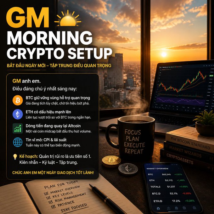 A 'GM Morning Crypto Setup' graphic in Vietnamese, highlighting key levels for BTC, ETH, and altcoins, alongside a photo of a desk with coffee and a trading screen.