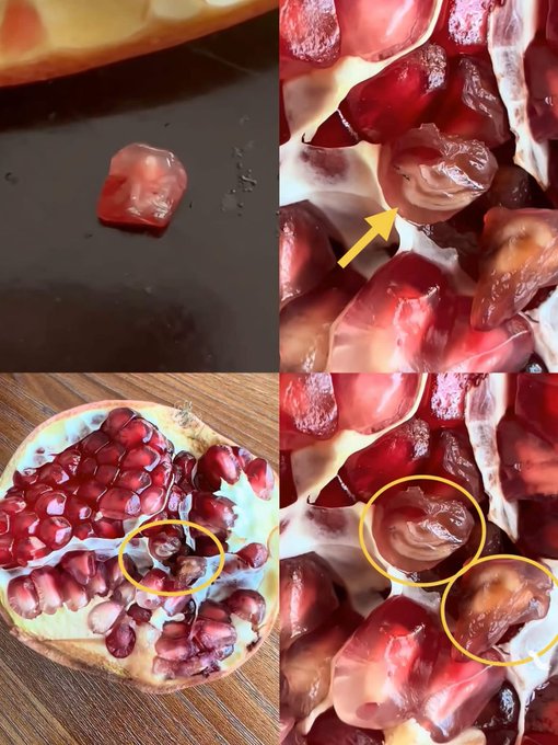 A four-panel image showing a pomegranate split open with a single seed separated on a surface and the interior arils highlighted with yellow circles and arrows.