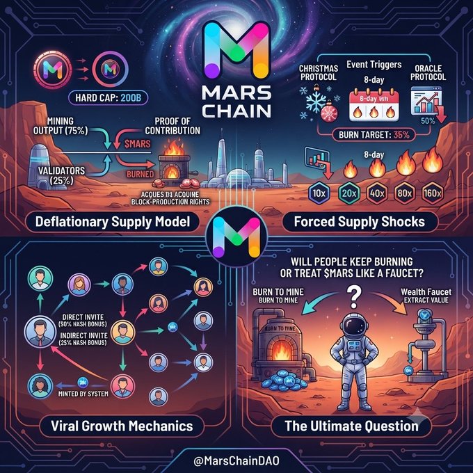 An infographic titled 'MARS CHAIN' detailing its ecosystem, including sections on 'Deflationary Supply Model', 'Forced Supply Shocks' with event triggers like 'CHRISTMAS PROTOCOL' and 'ORACLE PROTOCOL', 'Viral Growth Mechanics', and 'The Ultimate Question', credited to @MarsChainDAO.