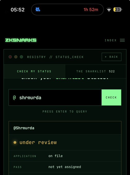 A screenshot of the ZKSNARKS Registry Status Check page shows the user "shrmurda" application is still "under review" with the pass listed as "not yet assigned," visually confirming the poster's uncertainty about their pending approval status.