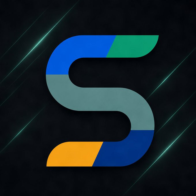 A stylized colorful letter 'S' logo composed of blue, green, gray, and orange segments on a dark background with green light streaks.