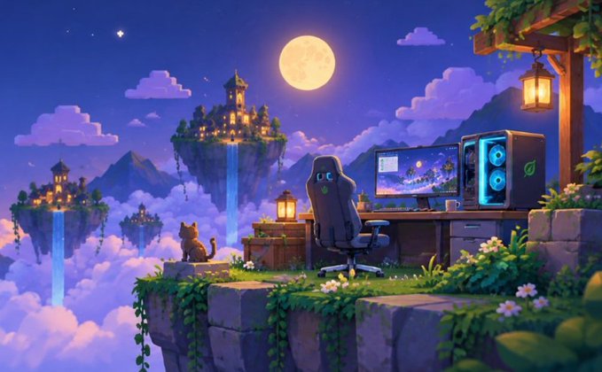 A pixel art illustration depicts a cozy nighttime scene with a gaming setup on a floating island, featuring a monitor displaying a fantasy castle landscape, accompanied by a cat and glowing lanterns.