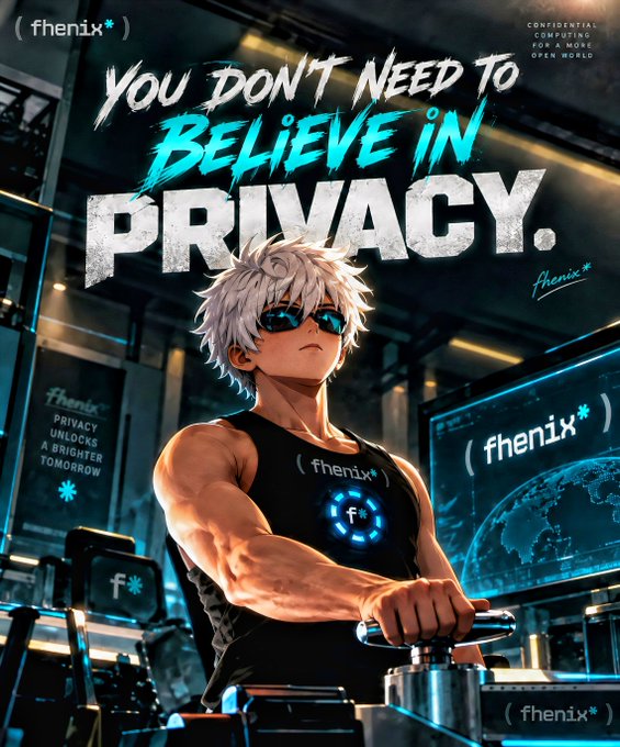 An anime-style illustration features a white-haired character wearing sunglasses and a black '(fhenix*)' tank top, with large text reading 'YOU DON'T NEED TO BELIEVE IN PRIVACY.'
