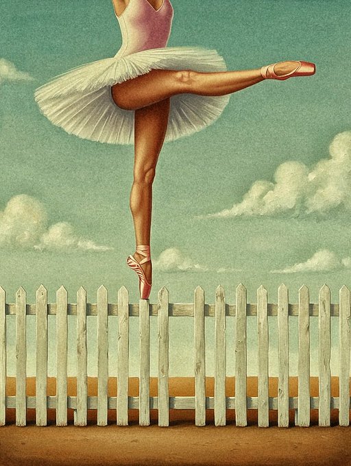 Surrealist-style image of a ballerina in a pink tutu and pointe shoes balancing on the tip of one toe atop a white picket fence against a teal sky with clouds.